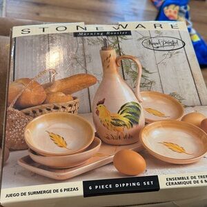 Stoneware Morning Rooster 6-Piece Dipping Set - Hand-Painted Beige